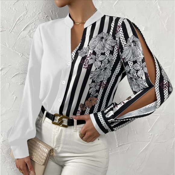 Elegant Striped Floral Print Long Sleeve Button Down Shirt Top Blouse White - Picture 5 of 16